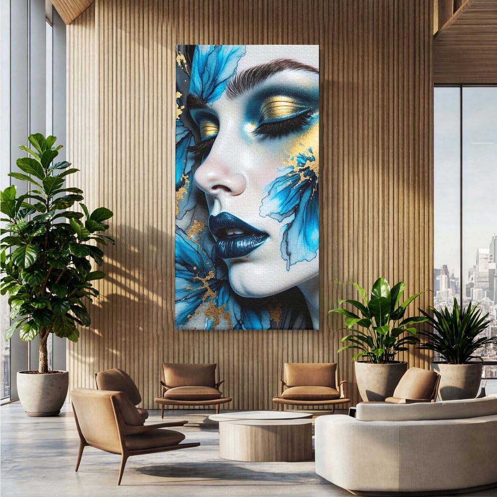 Tablou canvas cu tablou canvas cu portret feminin si flori albastre, fara rama, pe sasiu de lemn, pe perete intr-un birou